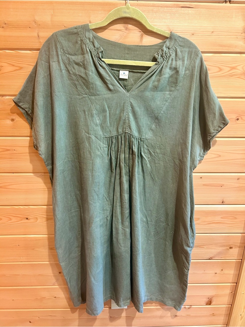 Linen Cloud v-neck summer dress, olive green, XXL